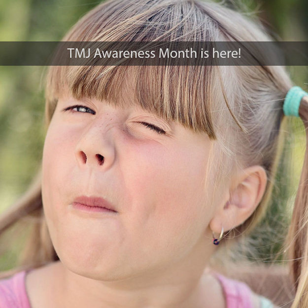 Young girl with closed eyes and slight facial tension outdoors, TMJ Awareness Month promotional image.