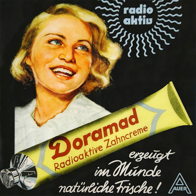 Vintage radio advertisement featuring smiling woman promoting Doramad toothpaste with radioactive ingredient.