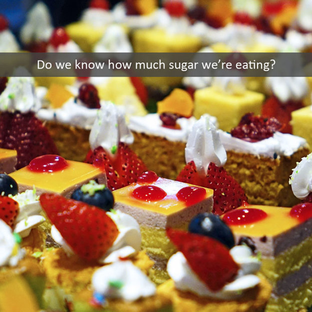 Colorful desserts with fruits and whipped cream topped with text about sugar consumption awareness.