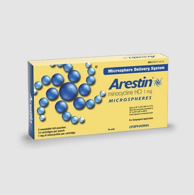 Arestin antibiotic packaging representing Arestin gum disease treatment used at Dentistry of Old Town Scottsdale