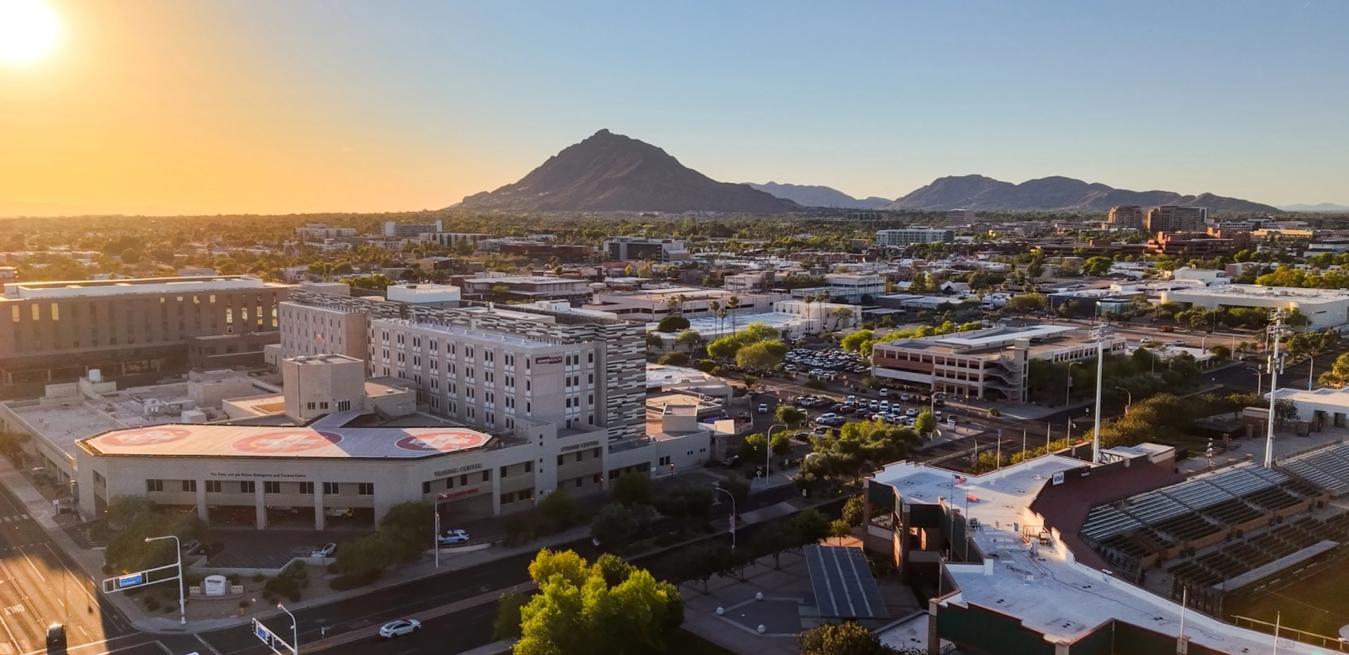Aerial sunset view of Scottsdale Arizona used as a homepage slider image at Dentistry of Old Town Scottsdale